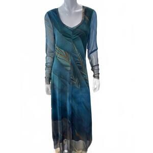 NEW ELANA KATTAN women's long sleeve mesh v neck dress in blue